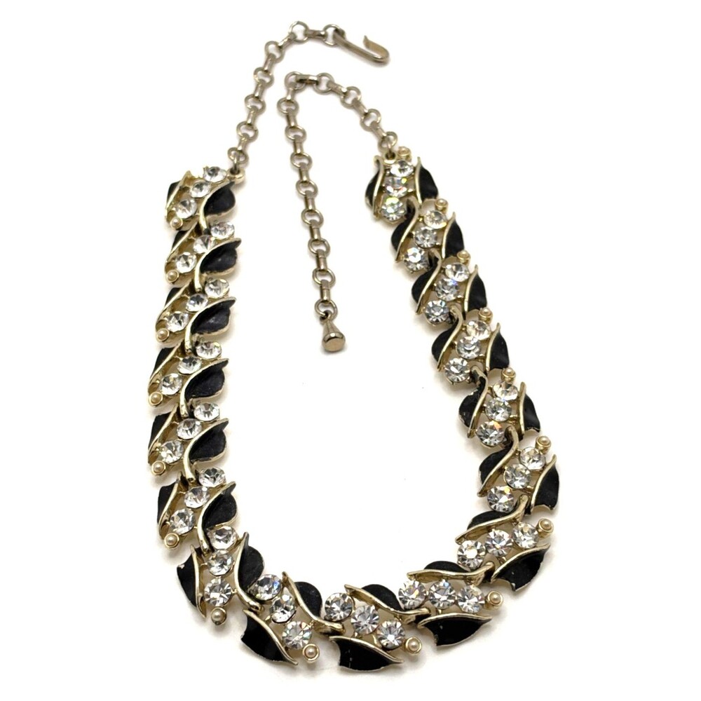 Vintage Black Enamel Crystal Rhinestone Collar Necklace Faux Pearl Accents 18”